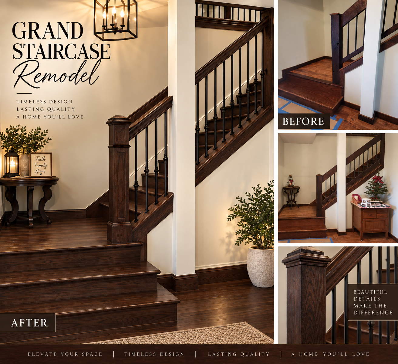 Grand staircase remodel before and after with dark wood treads and black iron balusters