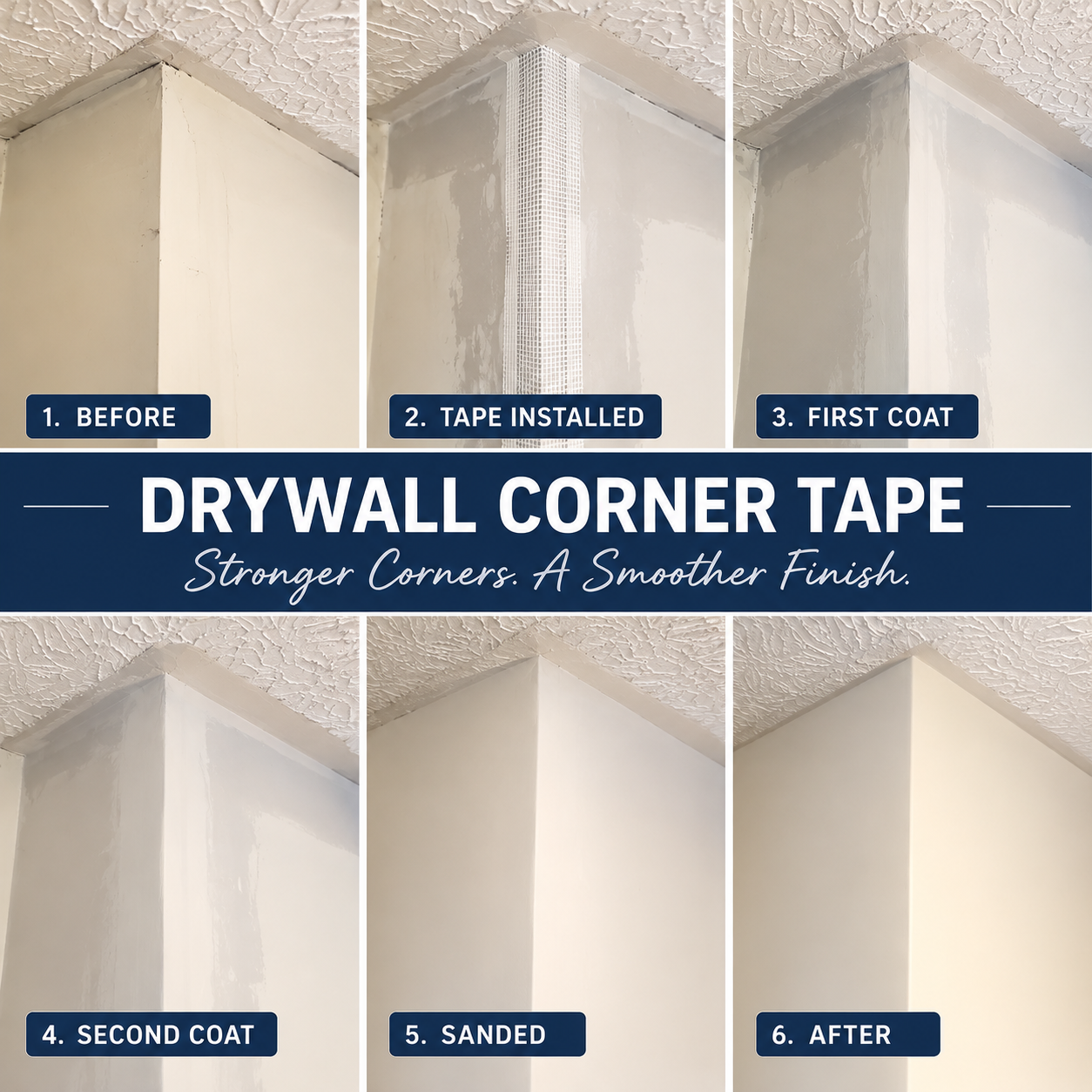 Drywall corner tape installation from before to smooth finish